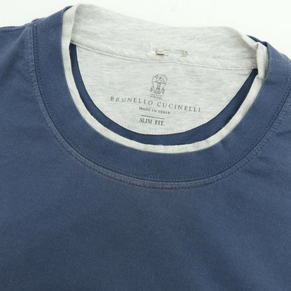 【中古】ブルネロクチネリ Brunello Cucinelli コットン クルーネック レイヤード風 半袖Ｔシャツ ライトネイビー系xライトグレー【 M 】【 状態ランクC 】【 メンズ 】