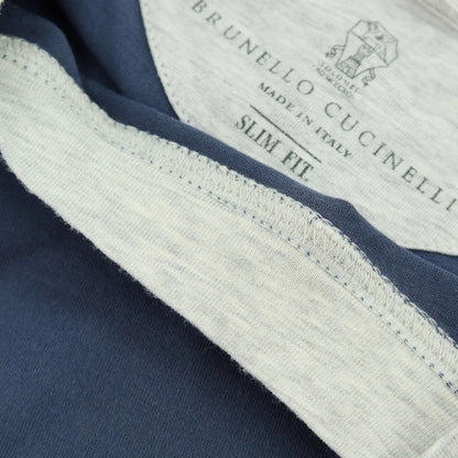 【中古】ブルネロクチネリ Brunello Cucinelli コットン クルーネック レイヤード風 半袖Ｔシャツ ライトネイビー系xライトグレー【 M 】【 状態ランクC 】【 メンズ 】