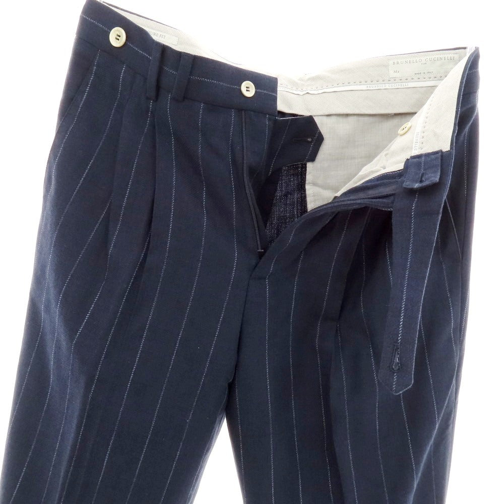 【中古】【未使用】ブルネロクチネリ Brunello Cucinelli コットンウール ストライプ ドレススラックスパンツ ネイビーxホワイト【 46 】【 状態ランクS 】【 メンズ 】
