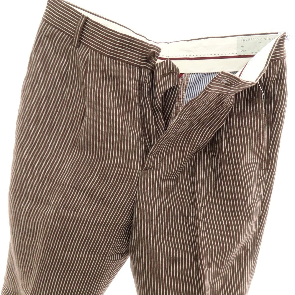 【中古】ブルネロクチネリ Brunello Cucinelli リネン ストライプ カジュアルスラックスパンツ ブラウンxホワイト【サイズ44】【 状態ランクB 】【 メンズ 】[CPD]