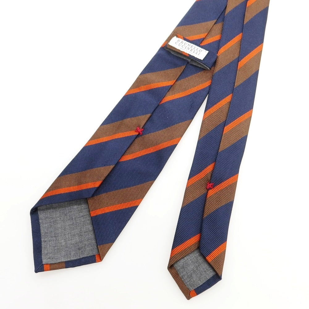 【中古】ブルネロクチネリ Brunello Cucinelli シルク ストライプ柄ネクタイ ネイビーxブラウン【メンズ】 中古】ブルネロクチネリ Brunello Cucinelli シルク ストライプ柄