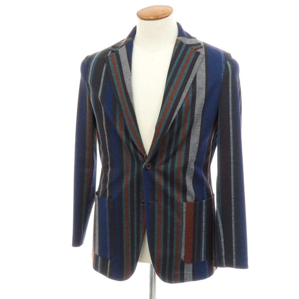 【中古】ティージャケット T-JACKET ポリエステルレーヨン ジャージー マルチストライプ 2B カジュアルジャケット ブラックxネイビーブルー【 サイズM 】【 状態ランクC 】【 メンズ 】 [DPD]