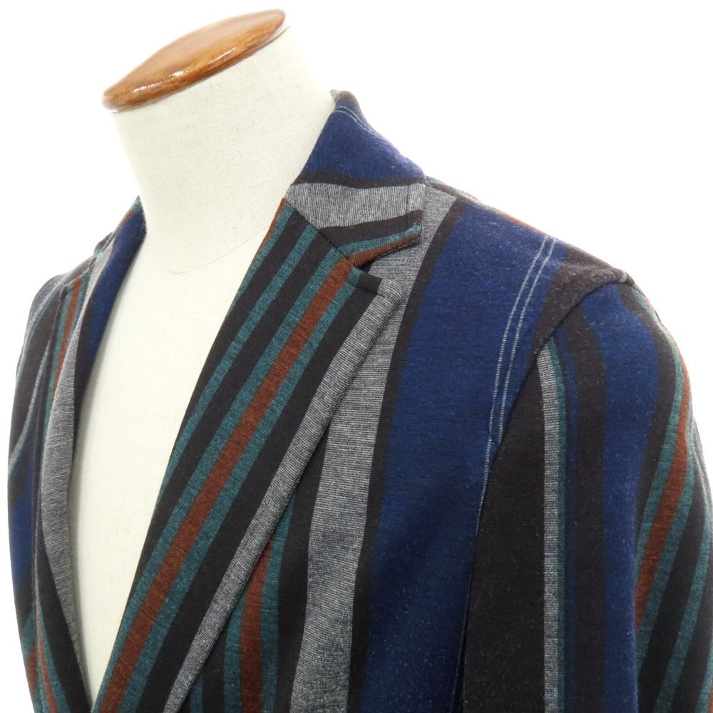 【中古】ティージャケット T-JACKET ポリエステルレーヨン ジャージー マルチストライプ 2B カジュアルジャケット ブラックxネイビーブルー【 サイズM 】【 状態ランクC 】【 メンズ 】 [DPD]