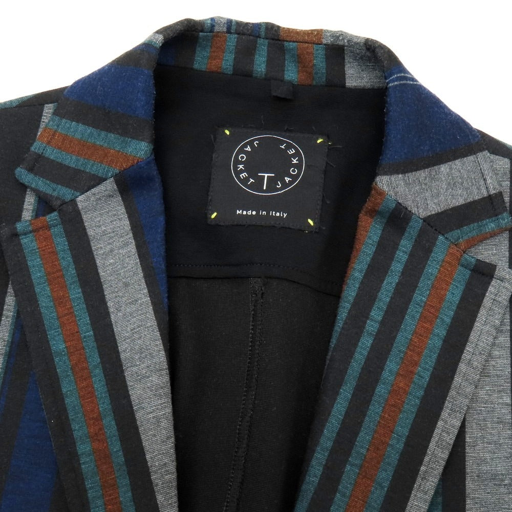 【中古】ティージャケット T-JACKET ポリエステルレーヨン ジャージー マルチストライプ 2B カジュアルジャケット ブラックxネイビーブルー【 サイズM 】【 状態ランクC 】【 メンズ 】 [DPD]
