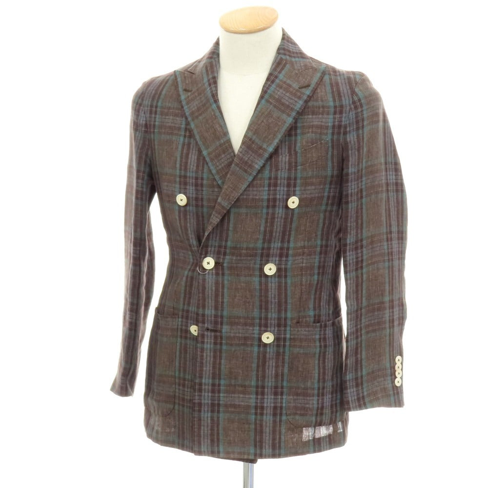 【中古】エイドス Eidos リネン チェック ダブル6B カジュアルジャケット ブラウンxグリーン【 42 】【 状態ランクC 】【 メンズ 】