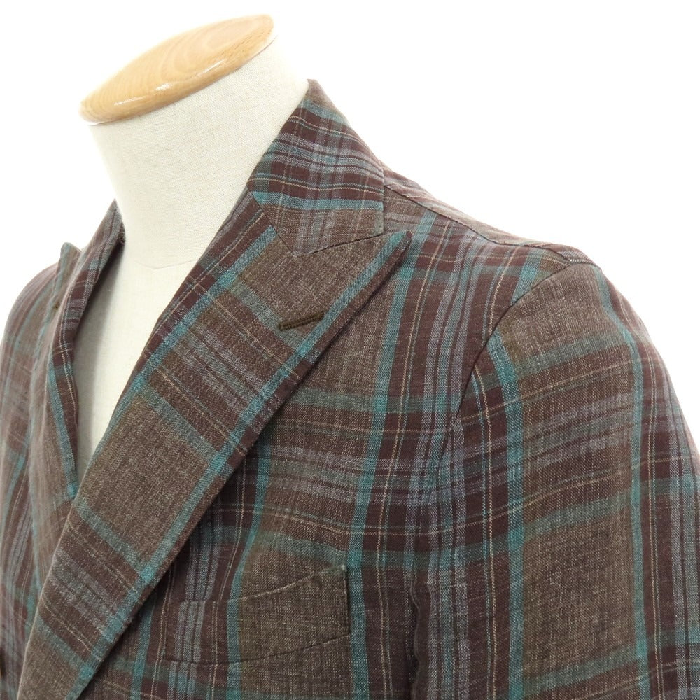 【中古】エイドス Eidos リネン チェック ダブル6B カジュアルジャケット ブラウンxグリーン【 42 】【 状態ランクC 】【 メンズ 】