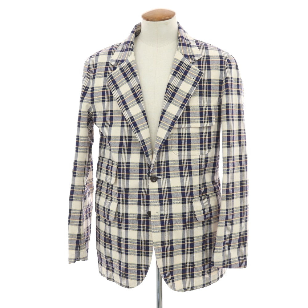 【新品】ドレイクス DRAKES コットンリネン チェック 3B カジュアルジャケット アイボリーxネイビー【 38 】【 状態ランクN 】【 メンズ 】
