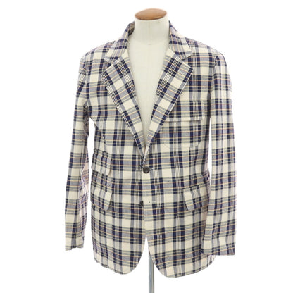 【新品】ドレイクス DRAKES コットンリネン チェック 3B カジュアルジャケット アイボリーxネイビー【 38 】【 状態ランクN 】【 メンズ 】