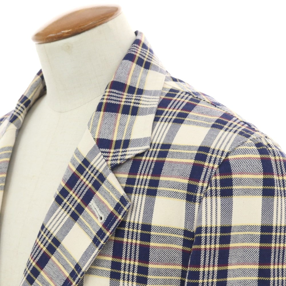 【新品】ドレイクス DRAKES コットンリネン チェック 3B カジュアルジャケット アイボリーxネイビー【 38 】【 状態ランクN 】【 メンズ 】