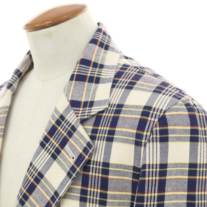 【新品】ドレイクス DRAKES コットンリネン チェック 3B カジュアルジャケット アイボリーxネイビー【 38 】【 状態ランクN 】【 メンズ 】