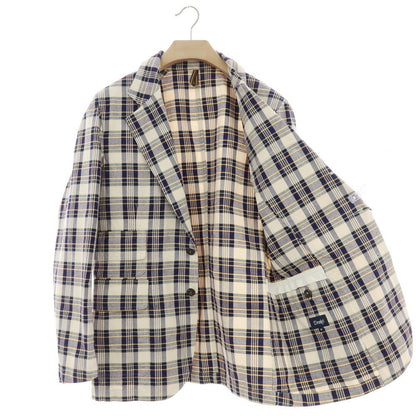 【新品】ドレイクス DRAKES コットンリネン チェック 3B カジュアルジャケット アイボリーxネイビー【 38 】【 状態ランクN 】【 メンズ 】