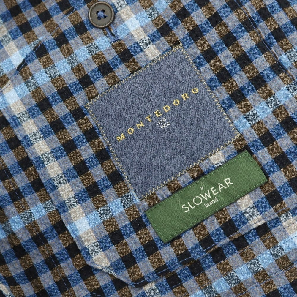 【新品アウトレット】モンテドーロ Montedoro ストレッチ コットンナイロン シアサッカー チェック カバーオール ブルーxブラウン【 44 】【 状態ランクN- 】【 メンズ 】