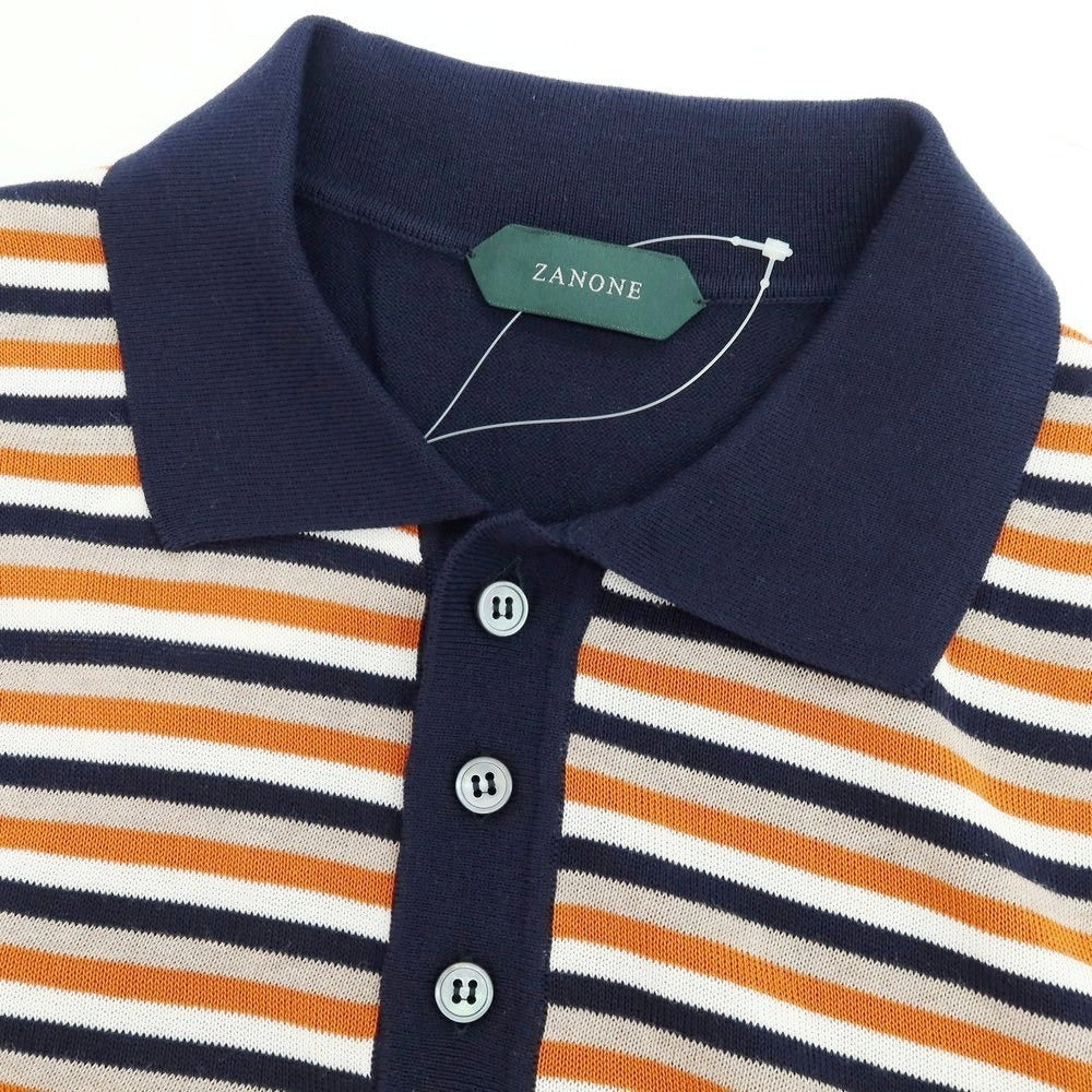 【新品】ザノーネ ZANONE ハイゲージ コットン ボーダー 半袖 ポロニット ネイビーxダークオレンジ【 48 】【 状態ランクN 】【 メンズ 】