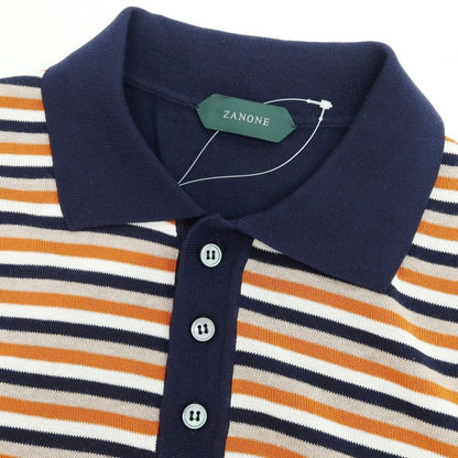 【新品】ザノーネ ZANONE ハイゲージ コットン ボーダー 半袖 ポロニット ネイビーxダークオレンジ【 48 】【 状態ランクN 】【 メンズ 】