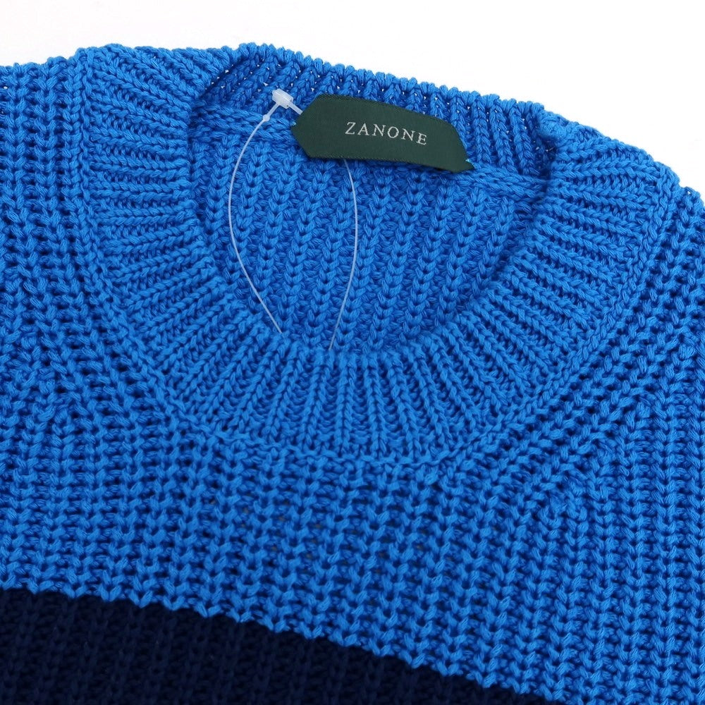 【新品】ザノーネ ZANONE ミドルゲージ コットン ボーダー クルーネック プルオーバーニット ブルーxネイビー【 46 】【 状態ランクN 】【 メンズ 】