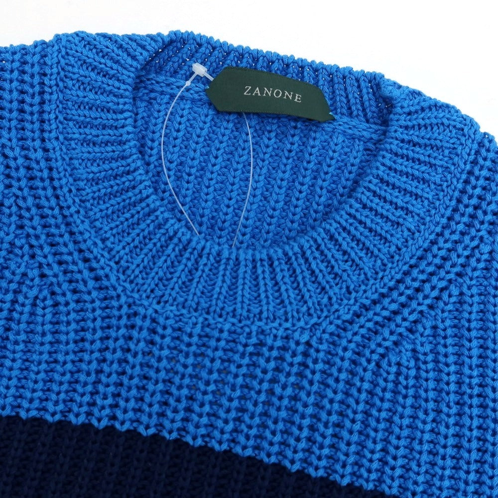 【新品】ザノーネ ZANONE ミドルゲージ コットン ボーダー クルーネック プルオーバーニット ブルーxネイビー【 48 】【 状態ランクN 】【 メンズ 】