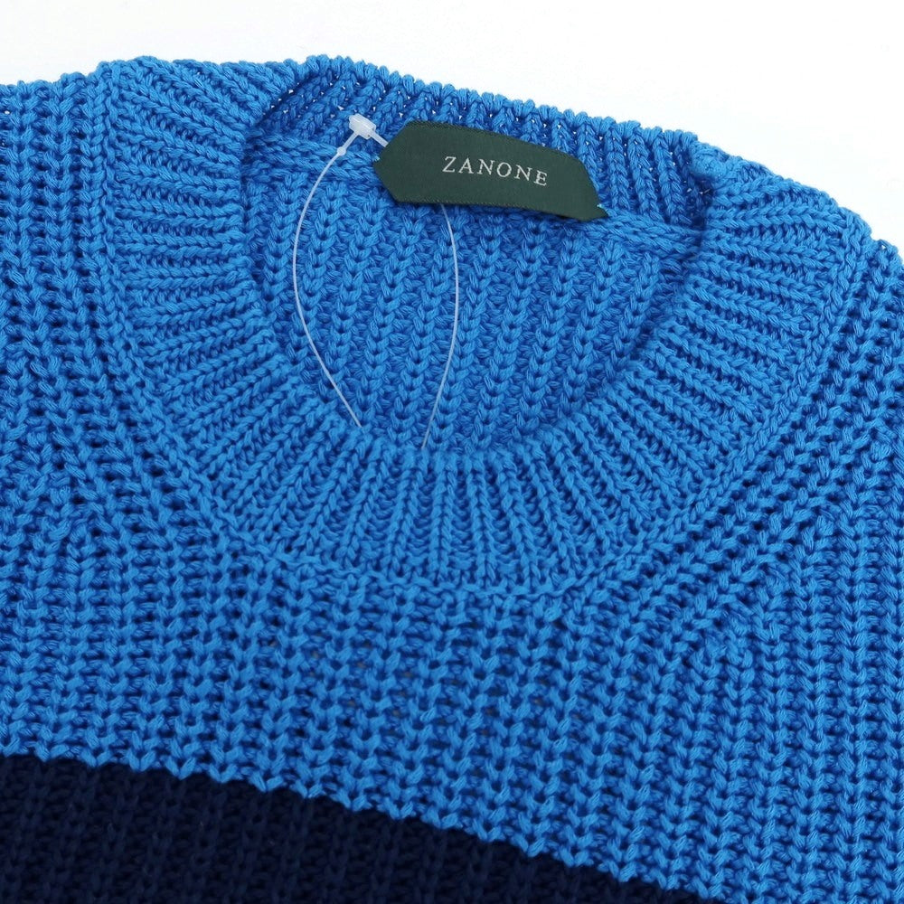 【新品】ザノーネ ZANONE ミドルゲージ コットン ボーダー クルーネック プルオーバーニット ブルーxネイビー【 52 】【 状態ランクN 】【 メンズ 】