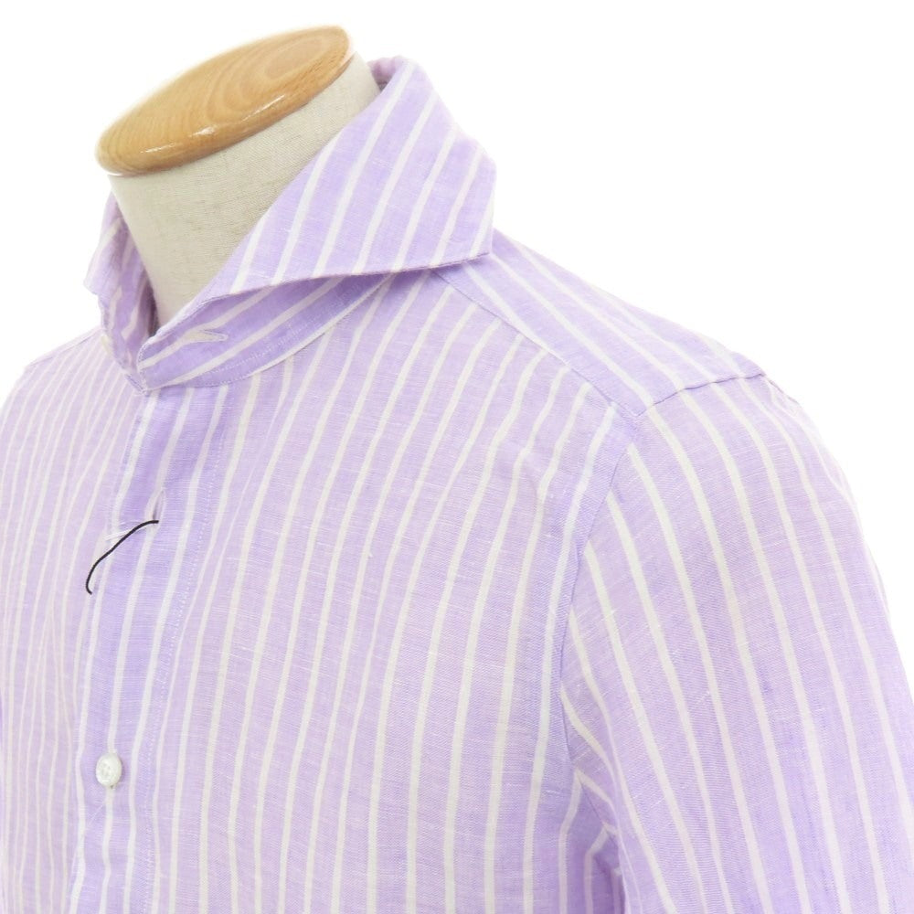 【新品】フィナモレ Finamore SERGIO リネン ストライプ カッタウェイ カジュアルシャツ ラベンダーxホワイト【 XS 】【 状態ランクN 】【 メンズ 】