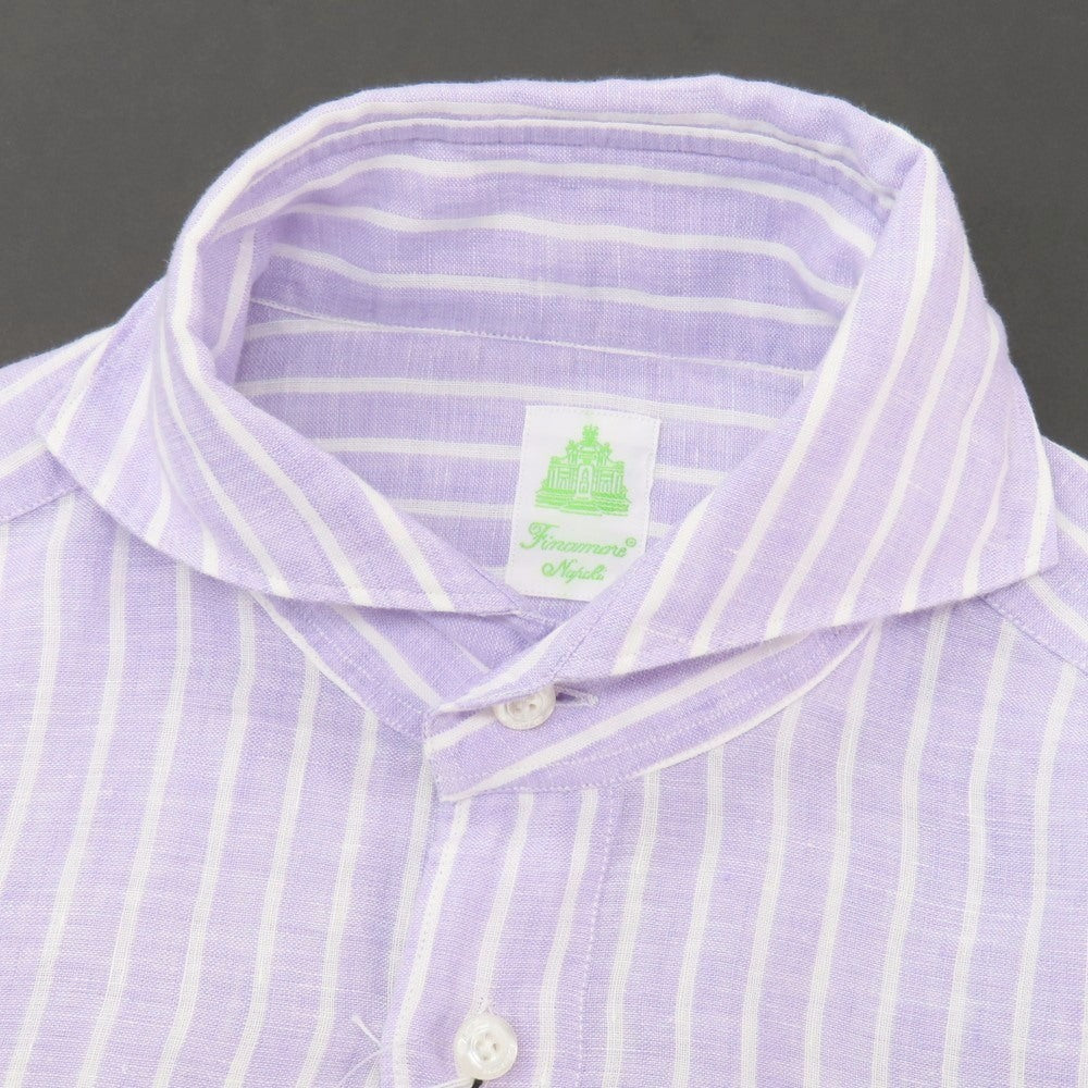 【新品】フィナモレ Finamore SERGIO リネン ストライプ カッタウェイ カジュアルシャツ ラベンダーxホワイト【 XS 】【 状態ランクN 】【 メンズ 】