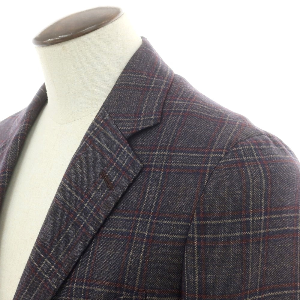 【中古】トゥモローランド TOMORROWLAND シルクカシミヤ チェック テーラードジャケット ネイビー×ベージュxマルーン【 52 】【 状態ランクB 】【 メンズ 】