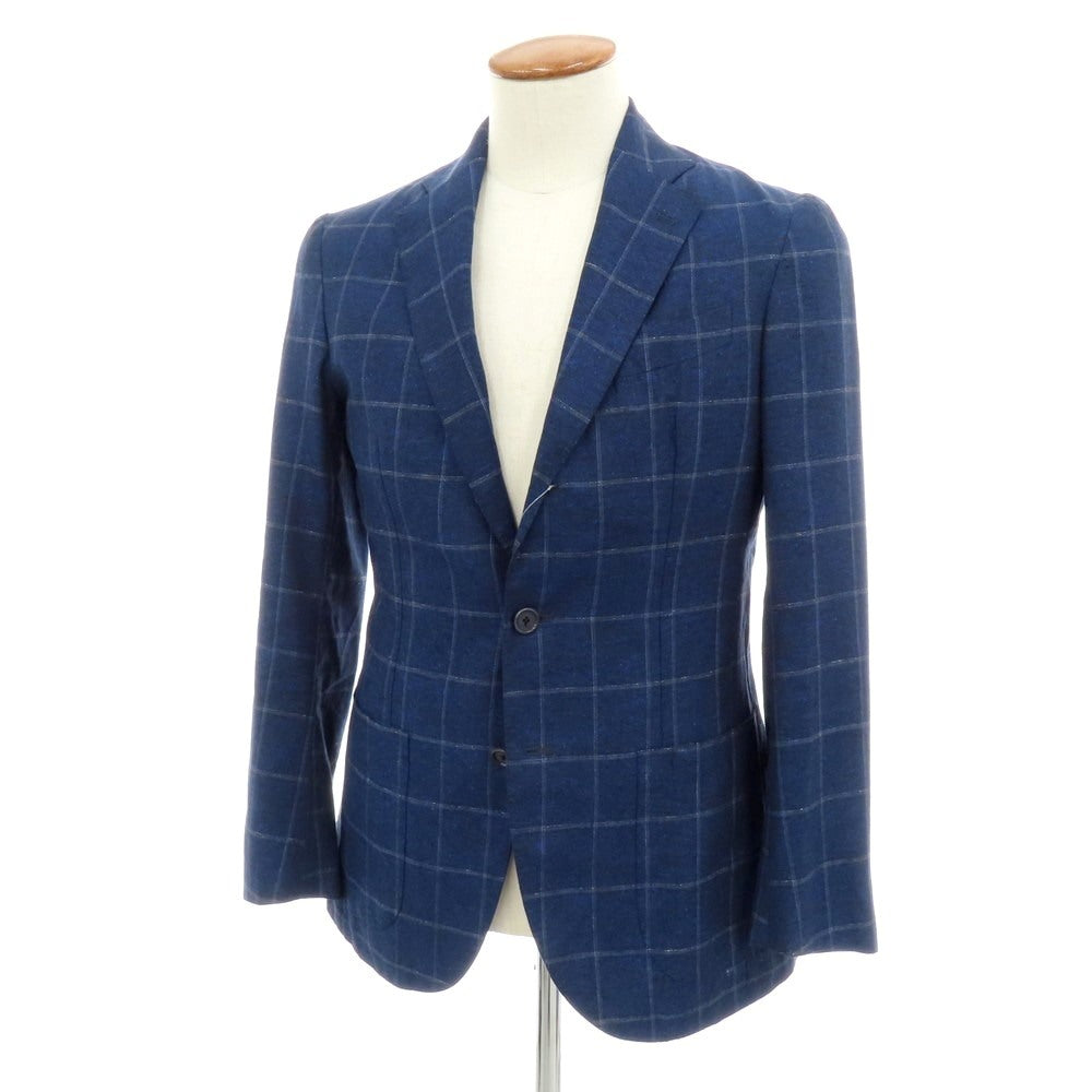 【中古】デペトリロ DE PETRILLO シルクリネン チェック 3B テーラードジャケット ネイビー【サイズ46Drop8】【 状態ランクB 】【 メンズ 】[DPD]