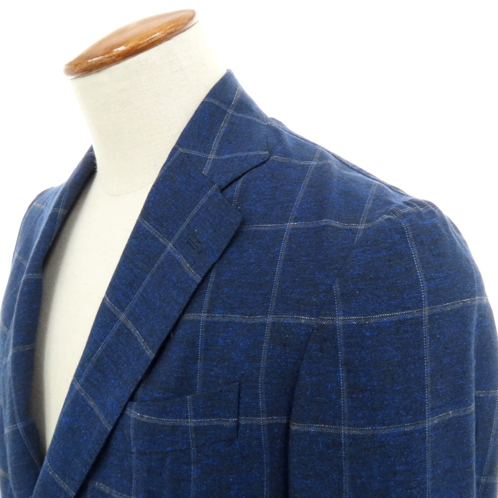 【中古】デペトリロ DE PETRILLO シルクリネン チェック 3B テーラードジャケット ネイビー【サイズ46Drop8】【 状態ランクB 】【 メンズ 】[DPD]