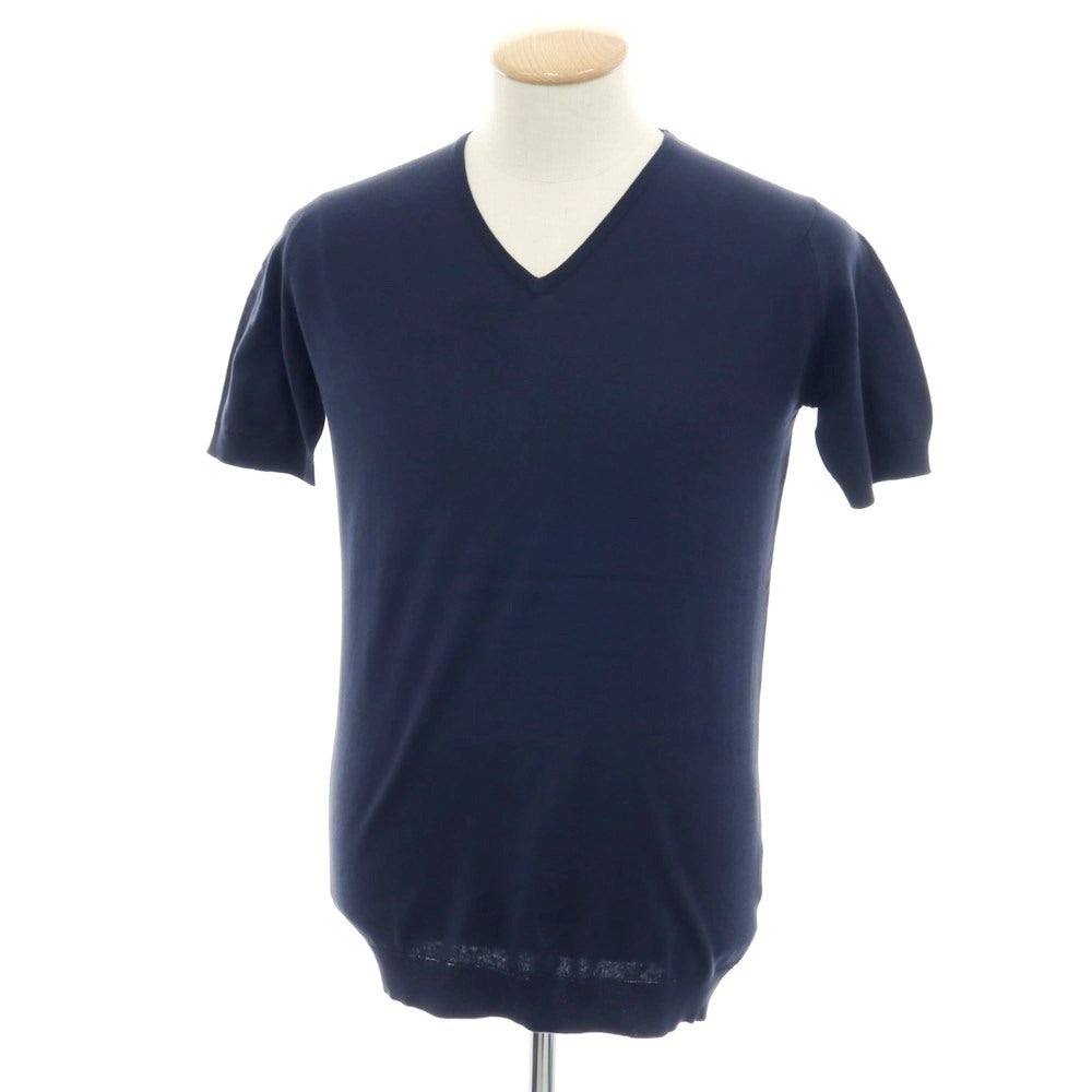 【中古】ジョンスメドレー JOHN SMEDLEY ハイゲージ コットン Vネック 半袖 プルオーバーニット ネイビー【 S 】【 状態ランクB 】【 メンズ 】