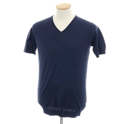 【中古】ジョンスメドレー JOHN SMEDLEY ハイゲージ コットン Vネック 半袖 プルオーバーニット ネイビー【 S 】【 状態ランクB 】【 メンズ 】