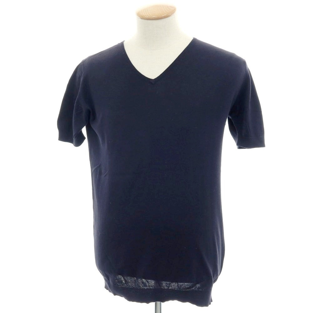 【中古】ジョンスメドレー JOHN SMEDLEY ハイゲージ コットン Vネック 半袖 プルオーバーニット ダークネイビー【 S 】【 状態ランクC 】【 メンズ 】