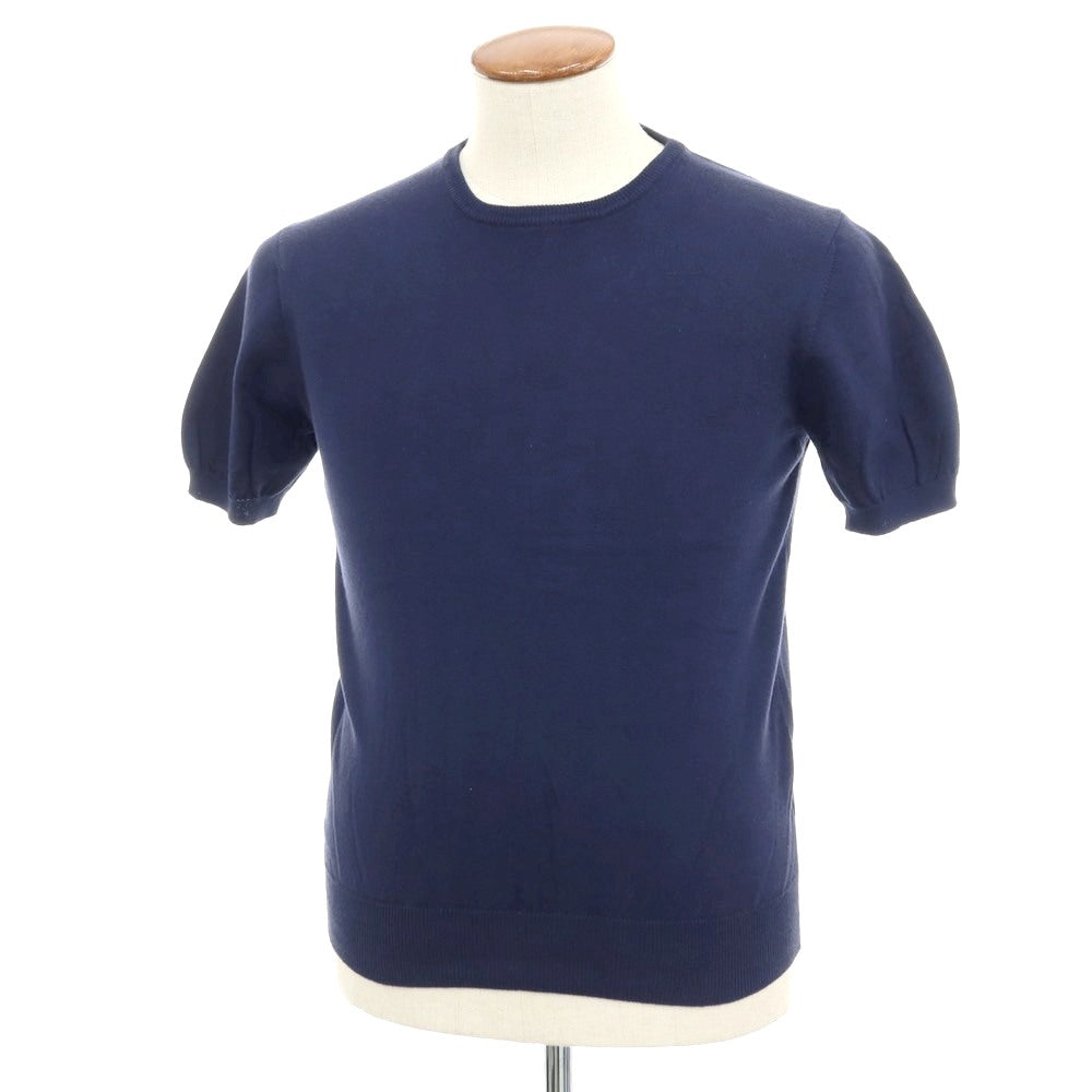 【中古】モルガーノ MORGANO コットンナイロン クルーネック 半袖 プルオーバーニット ネイビー【 48/S 】【 状態ランクC 】【 メンズ 】