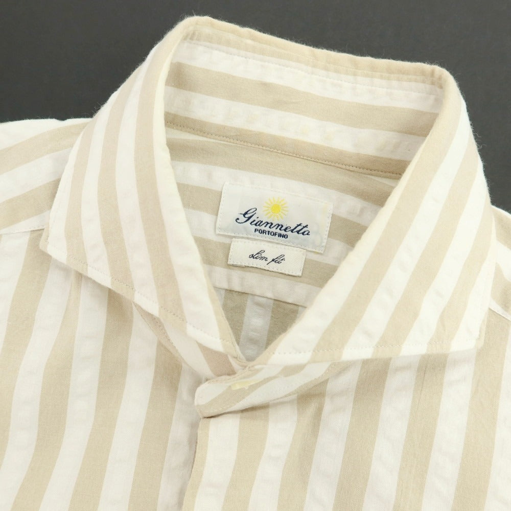 【中古】ジャンネット giannetto ストレッチコットン ストライプ カジュアルシャツ ベージュxホワイト【サイズ38】【 状態ランクC 】【 メンズ 】