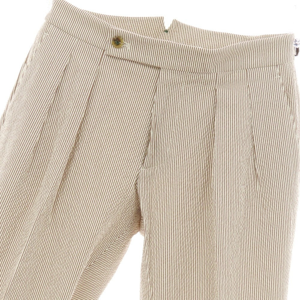 【中古】ベルウィッチ BERWICH ストレッチ コットンナイロン シアサッカー ストライプ カジュアルスラックスパンツ ブラウンxホワイト【 46 】【 状態ランクA 】【 メンズ 】