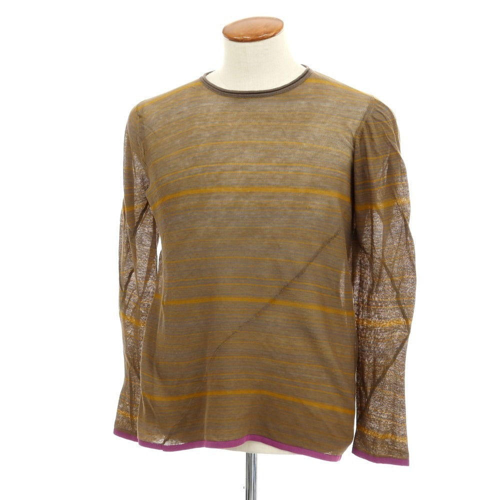【中古】エンポリオ アルマーニ EMPORIO ARMANI コットン ボーダー クルーネック プルオーバーニット グレーxオーカー系【サイズ48】【 状態ランクB 】【 メンズ 】 [EPD]