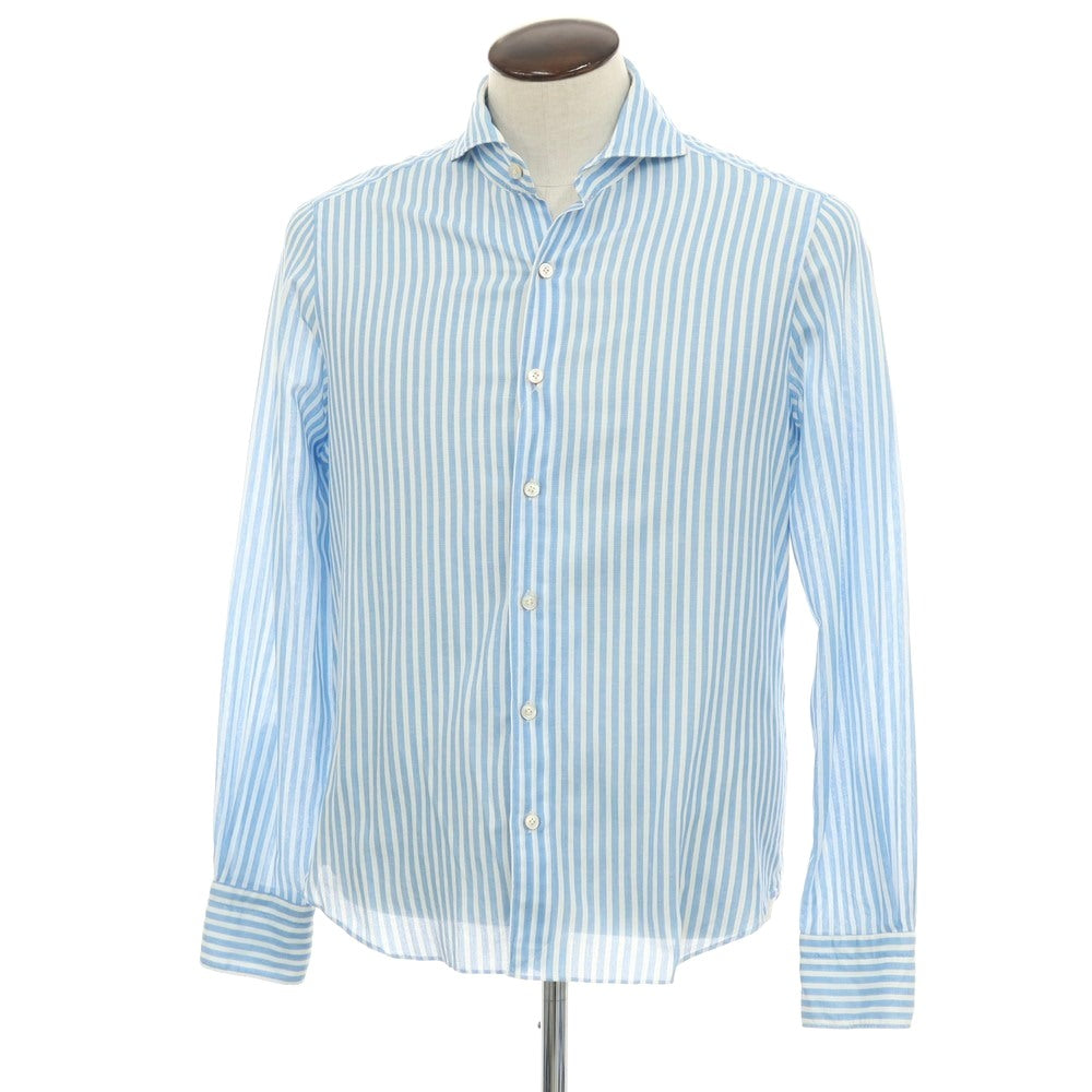 【中古】フィナモレ Finamore コットン ストライプ ホリゾンタルカラー ドレスシャツ ブルーxホワイト【サイズL】【 状態ランクC 】【 メンズ 】