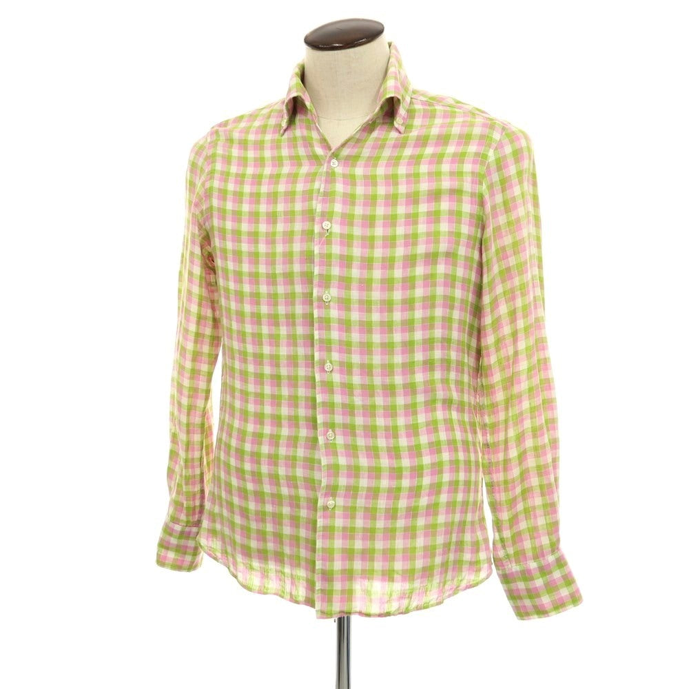 【中古】バーニーズニューヨーク BARNEYS NEWYORK リネン チェック イタリアンカラー カジュアルシャツ ピンクxグリーン【サイズL】【 状態ランクB 】【 メンズ 】