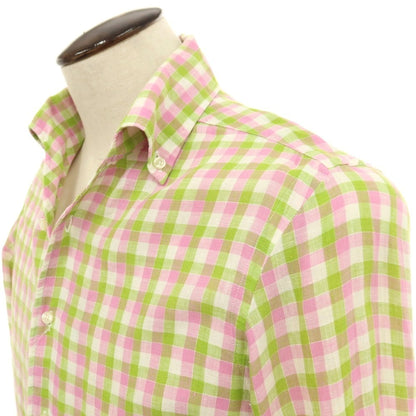 【中古】バーニーズニューヨーク BARNEYS NEWYORK リネン チェック イタリアンカラー カジュアルシャツ ピンクxグリーン【サイズL】【 状態ランクB 】【 メンズ 】