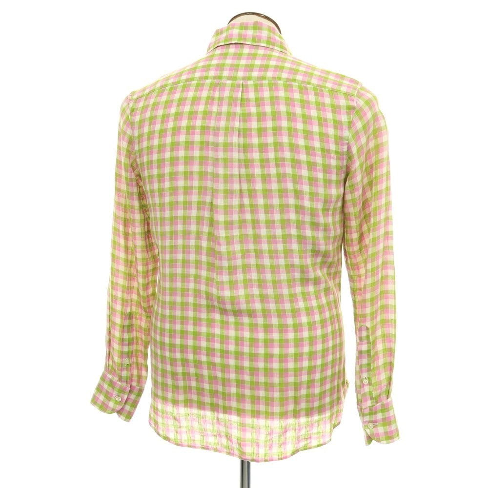 【中古】バーニーズニューヨーク BARNEYS NEWYORK リネン チェック イタリアンカラー カジュアルシャツ ピンクxグリーン【サイズL】【 状態ランクB 】【 メンズ 】