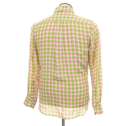 【中古】バーニーズニューヨーク BARNEYS NEWYORK リネン チェック イタリアンカラー カジュアルシャツ ピンクxグリーン【サイズL】【 状態ランクB 】【 メンズ 】