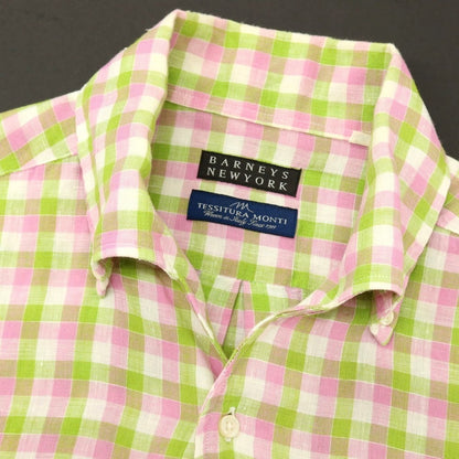 【中古】バーニーズニューヨーク BARNEYS NEWYORK リネン チェック イタリアンカラー カジュアルシャツ ピンクxグリーン【サイズL】【 状態ランクB 】【 メンズ 】