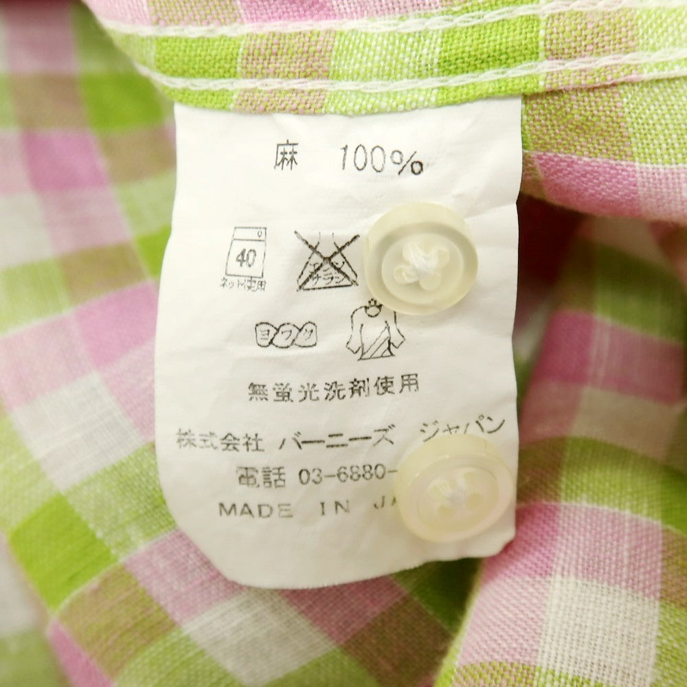 【中古】バーニーズニューヨーク BARNEYS NEWYORK リネン チェック イタリアンカラー カジュアルシャツ ピンクxグリーン【サイズL】【 状態ランクB 】【 メンズ 】