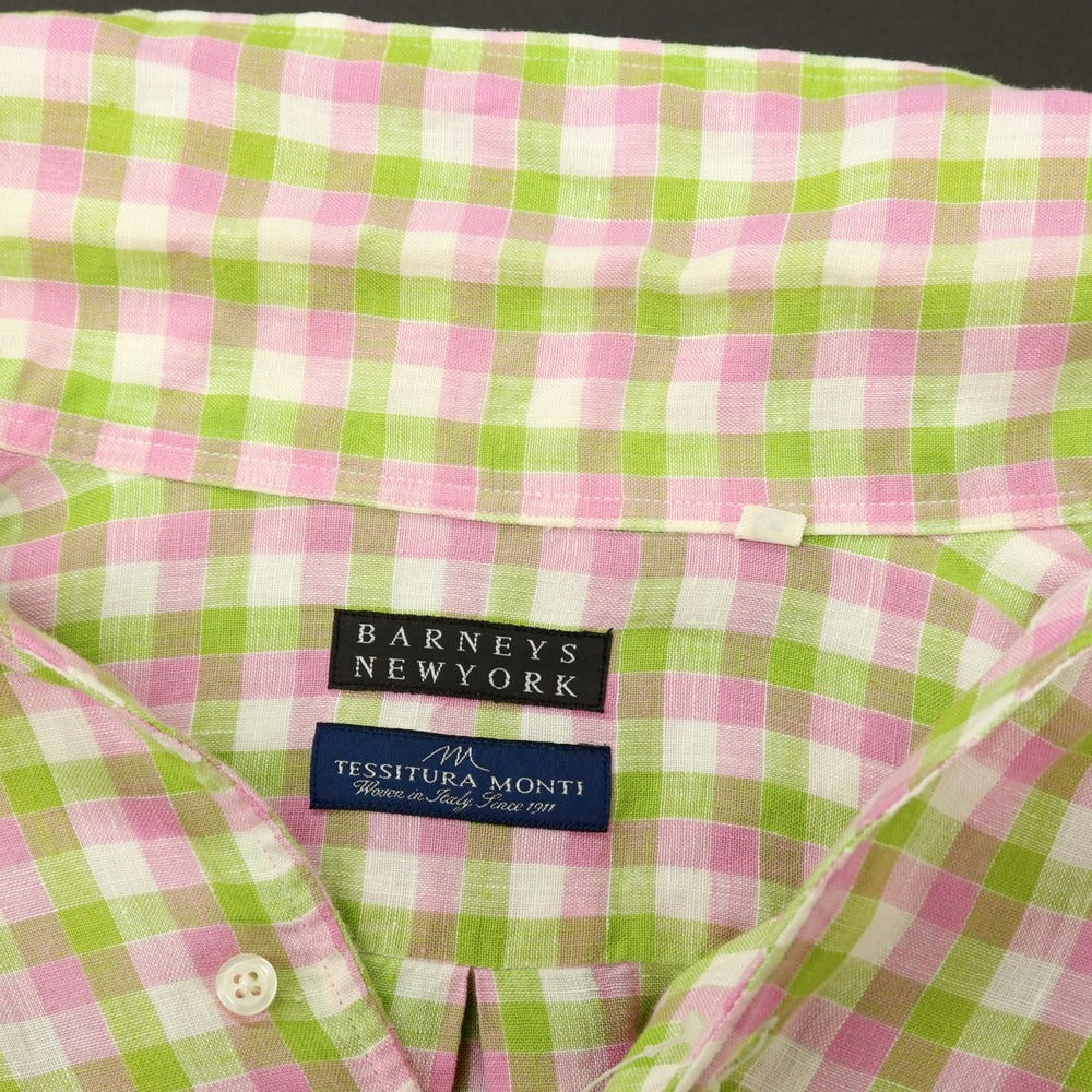 【中古】バーニーズニューヨーク BARNEYS NEWYORK リネン チェック イタリアンカラー カジュアルシャツ ピンクxグリーン【サイズL】【 状態ランクB 】【 メンズ 】