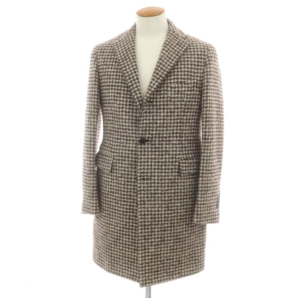 【中古】タリアトーレ TAGLIATORE シルク混ウール ハウンドトゥース チェスターフィールドコート ベージュxダークブラウン【 サイズ46 】【 状態ランクB 】【 メンズ 】 [CPD]