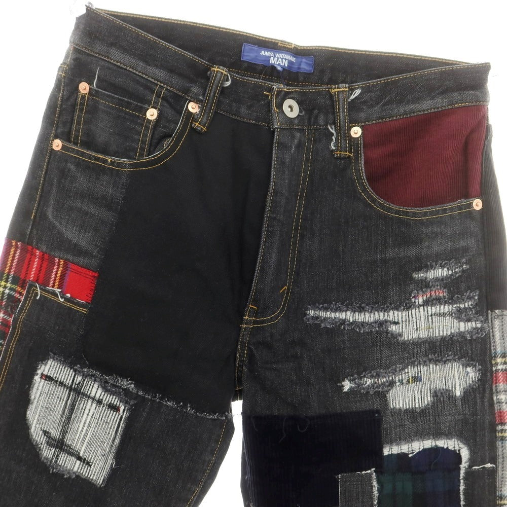 【中古】【未使用】ジュンヤワタナベ マン JUNYA WATANABE MAN 2025年春夏 ダメージ＆リペア加工 パッチワーク デニムパンツ ジーンズ ブラック【 XS 】【 状態ランクS 】【 メンズ 】