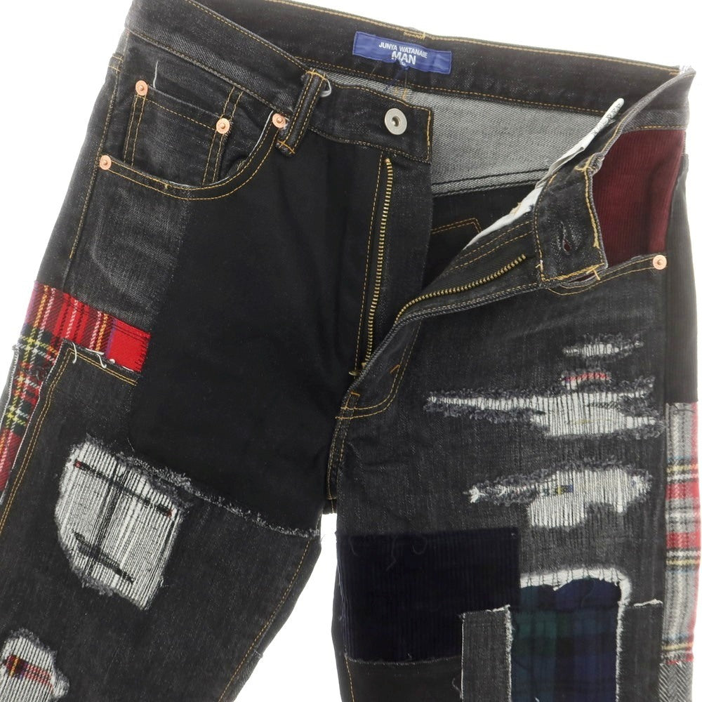 【中古】【未使用】ジュンヤワタナベ マン JUNYA WATANABE MAN 2025年春夏 ダメージ＆リペア加工 パッチワーク デニムパンツ ジーンズ ブラック【 XS 】【 状態ランクS 】【 メンズ 】