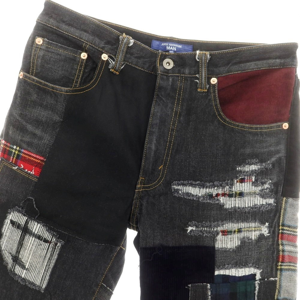 【中古】【未使用】ジュンヤワタナベ マン JUNYA WATANABE MAN 2025年春夏 ダメージ＆リペア加工 パッチワーク デニムパンツ ジーンズ ブラック【 M 】【 状態ランクS 】【 メンズ 】