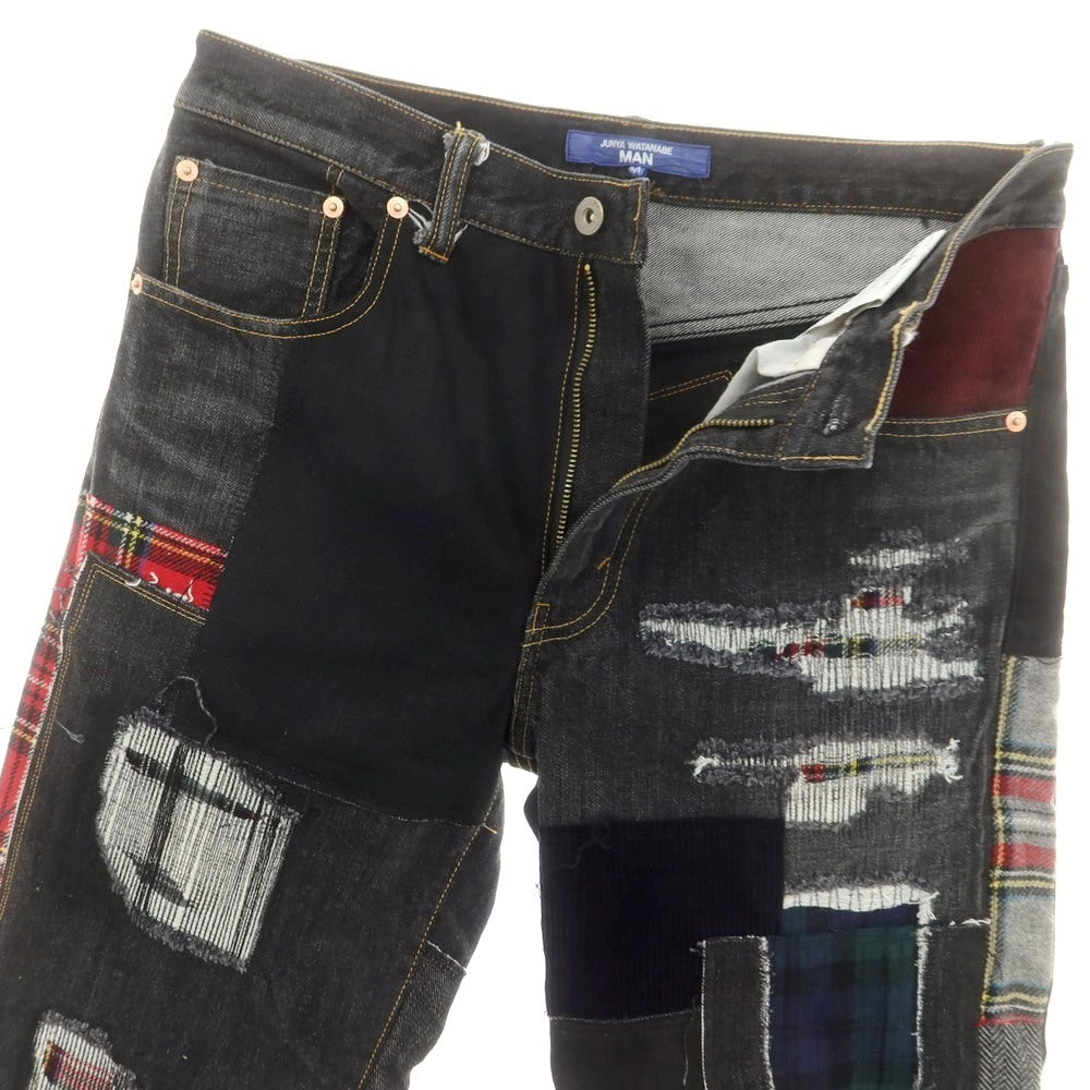 【中古】【未使用】ジュンヤワタナベ マン JUNYA WATANABE MAN 2025年春夏 ダメージ＆リペア加工 パッチワーク デニムパンツ ジーンズ ブラック【 M 】【 状態ランクS 】【 メンズ 】