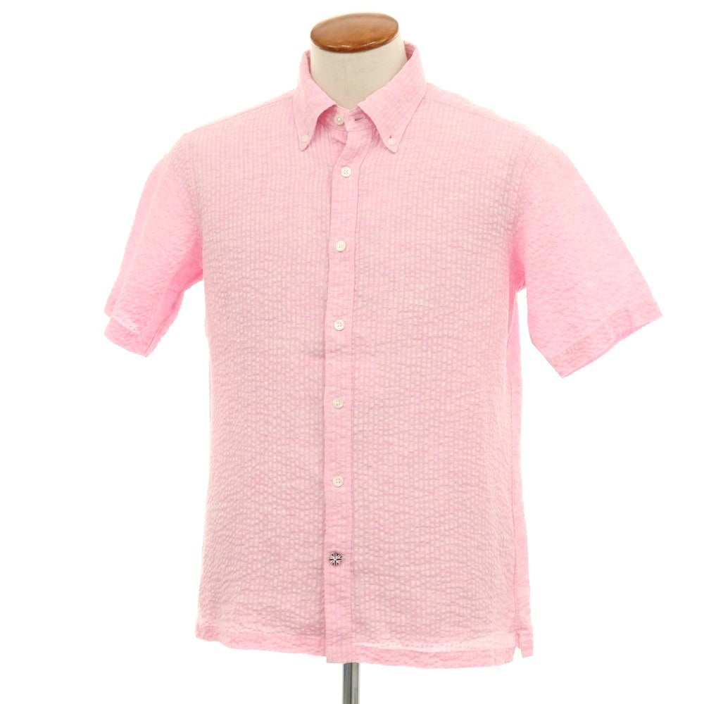 【中古】ベイカー ストリート BAKER STREET リネン シアサッカー ストライプ ボタンダウン 半袖シャツ ピンク【サイズM】【 状態ランクA 】【 メンズ 】