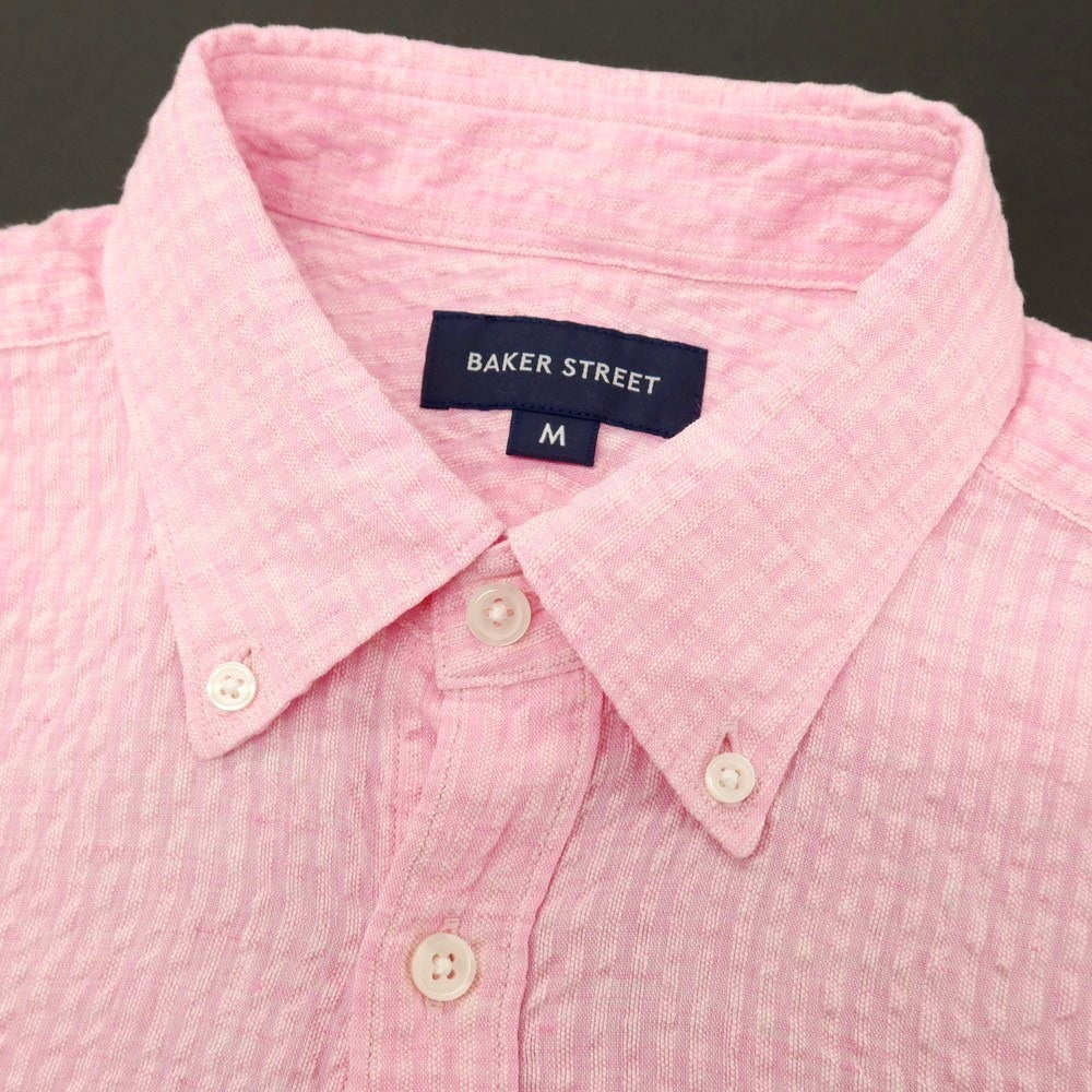 【中古】ベイカー ストリート BAKER STREET リネン シアサッカー ストライプ ボタンダウン 半袖シャツ ピンク【サイズM】【 状態ランクA 】【 メンズ 】
