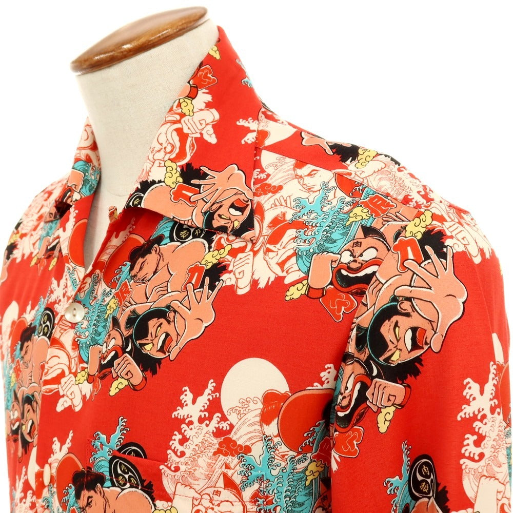 【中古】アロハブロッサム Aloha Blossom ×千代の富士×キン肉マン×ウルフマン レーヨン オープンカラー アロハ ハワイアンシャツ レッド【サイズ40】【 状態ランクB 】【 メンズ 】