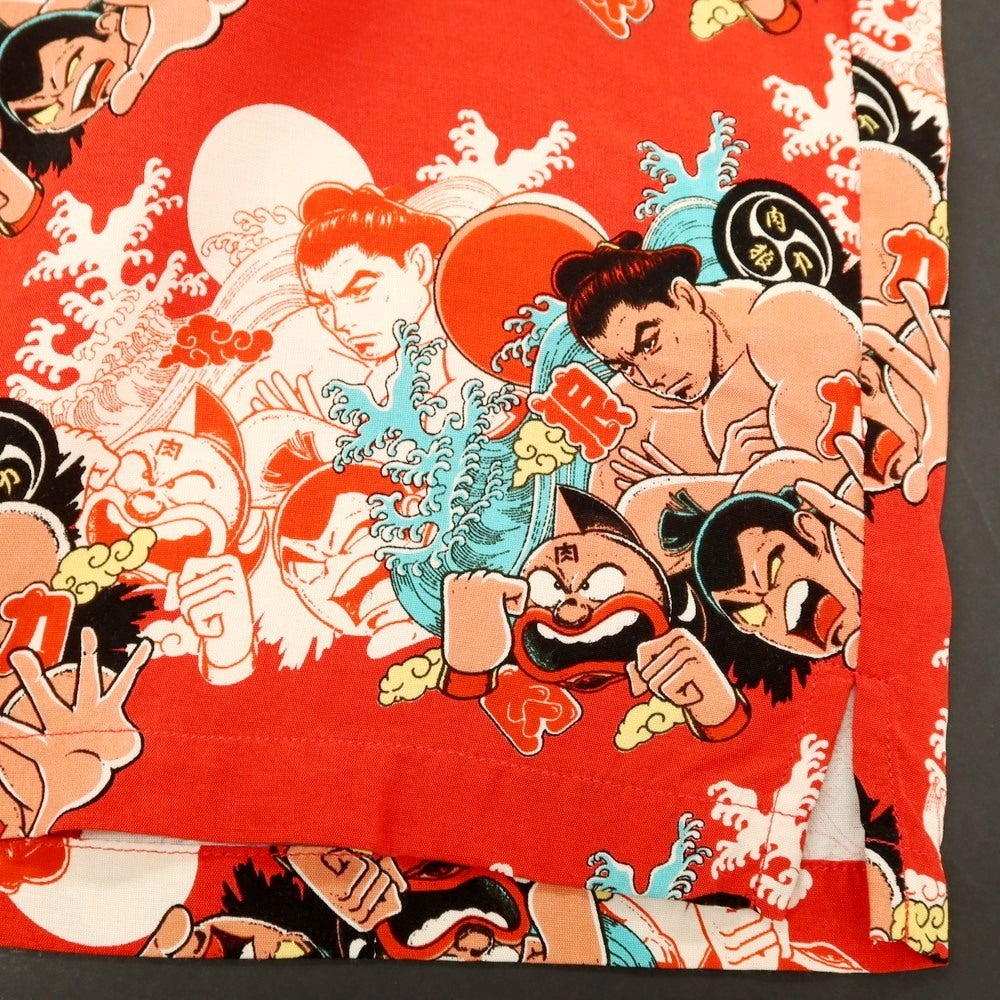 【中古】アロハブロッサム Aloha Blossom ×千代の富士×キン肉マン×ウルフマン レーヨン オープンカラー アロハ ハワイアンシャツ レッド【サイズ40】【 状態ランクB 】【 メンズ 】